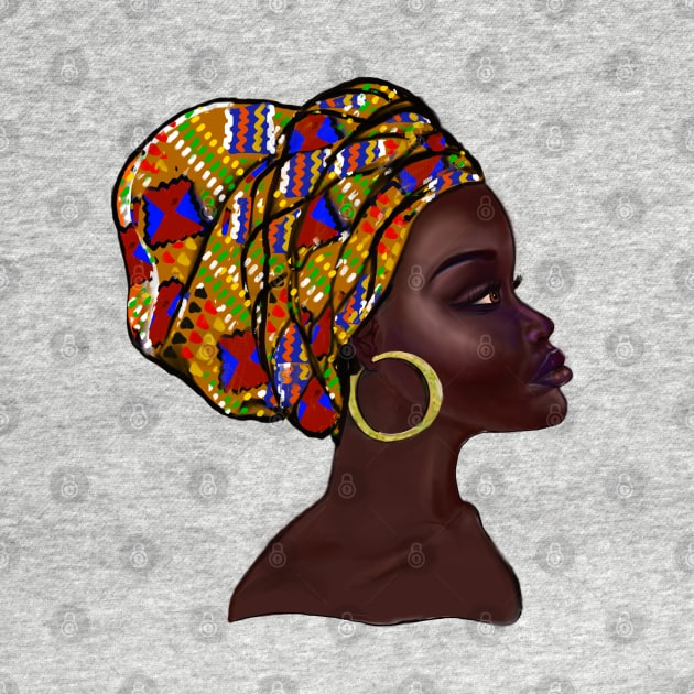 Afro queen With Kinte headwrap- Mahagony brown skin girl with thick glorious, curly Afro Hair and gold hoop earrings by Artonmytee